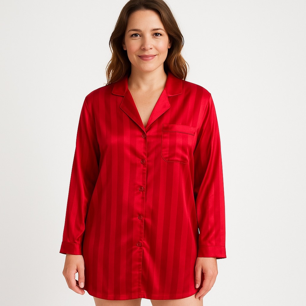 Satin d Beaux Red Satin Stripe Pajama Lounge Sleep Shirt Top L